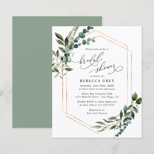 Budget Geometric Greenery Bridal Shower Invitation (Front/Back)