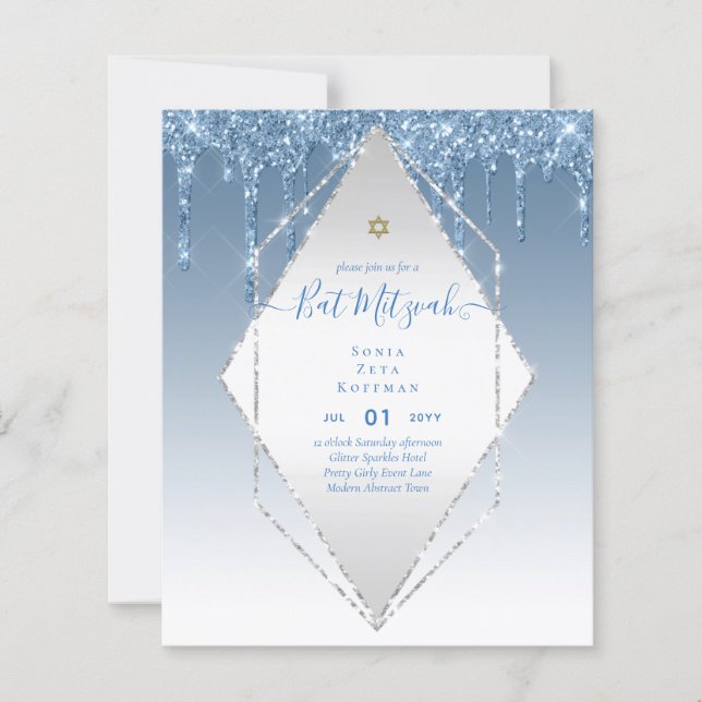 BUDGET Girly Glitter Sparkles BAT MITVAH Invite (Front)