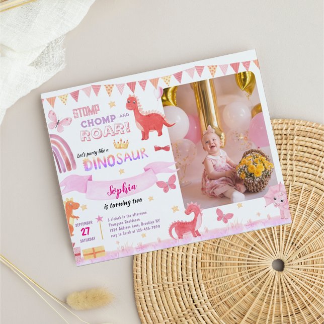 BUDGET Girly Pink Dinosaur Photo Kids Birthday (Creator Uploaded)