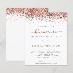 Budget Girly Rose Gold Glitter Quinceañera Invite