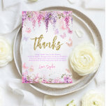 BUDGET Girly Wisteria Gold Butterfly Kids Birthday Thank You Card<br><div class="desc">Design features pastel colours like lavender, mint, and baby pink, adorned with gentle wisteria flowers and playful butterflies. These elements create a soft, magical feel. The invitation features the words "thanks" in shiny gold glitter script, adding a touch of sparkle and fun. This simple yet enchanting design is perfect for...</div>