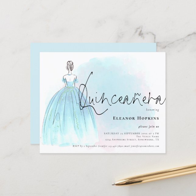 Budget Glam Blue Dress Quinceanera Invitation (Front/Back In Situ)