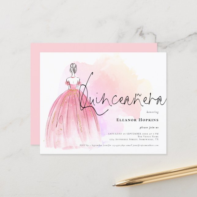 Budget Glam Dress Pink Quinceanera Invitation (Front/Back In Situ)
