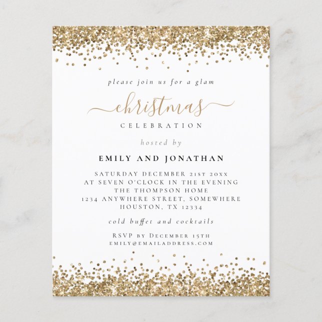 Budget Glam Gold Glitter Christmas Party Invite (Front)