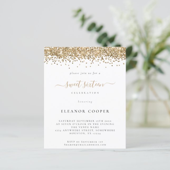 Budget Glam Gold Glitter Sweet Sixteen Invite (Standing Front)