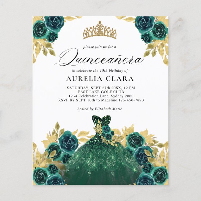 BUDGET Glam Green Dress Floral 15th Quinceañera (Front)