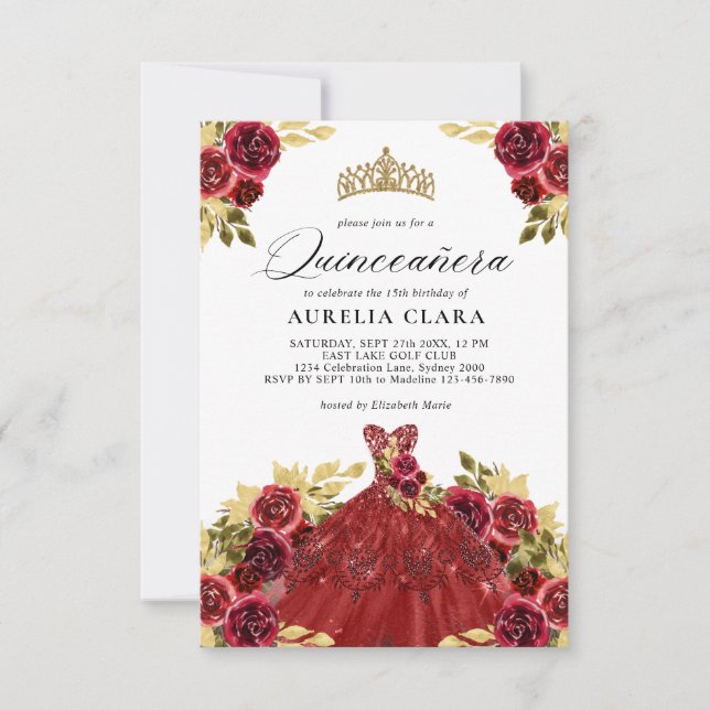 BUDGET Glam Red Dress Floral 15th Quinceañera Card (Front)