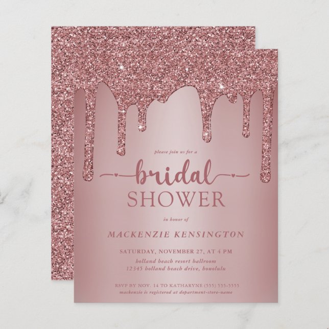 Budget Glam Rose Gold Glitter Drips Bridal Shower (Front/Back)