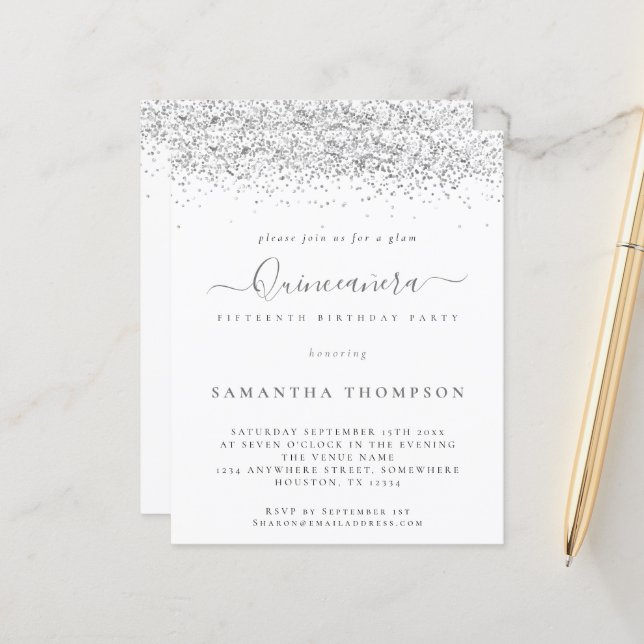 Budget Glam Silver Glitter Quinceañera Invitation (Front/Back In Situ)