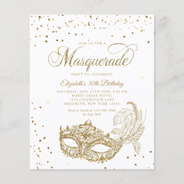BUDGET Glam White Gold Glitter Masquerade Birthday (Front)