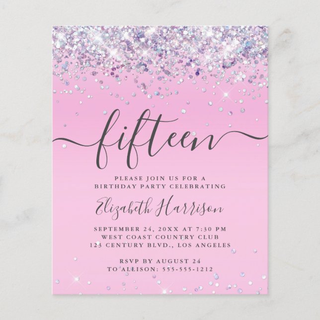 Budget Glitter 15th Birthday Party Invitation (Front)