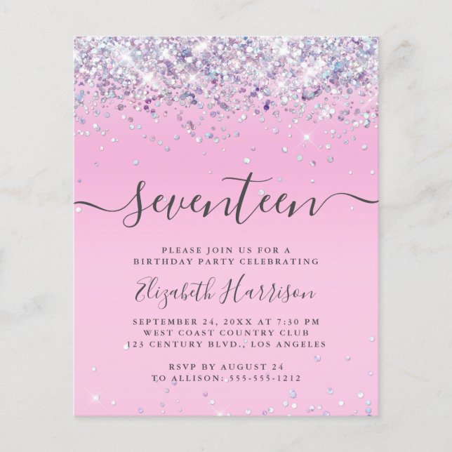 Budget Glitter 17th Birthday Party Invitation (Front)