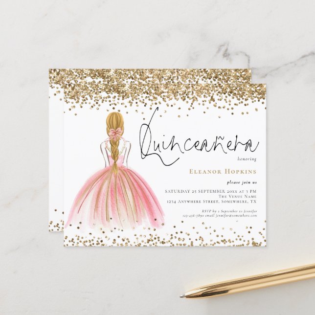Budget Glitter Blonde Pink Gown Quinceanera Invite (Front/Back In Situ)