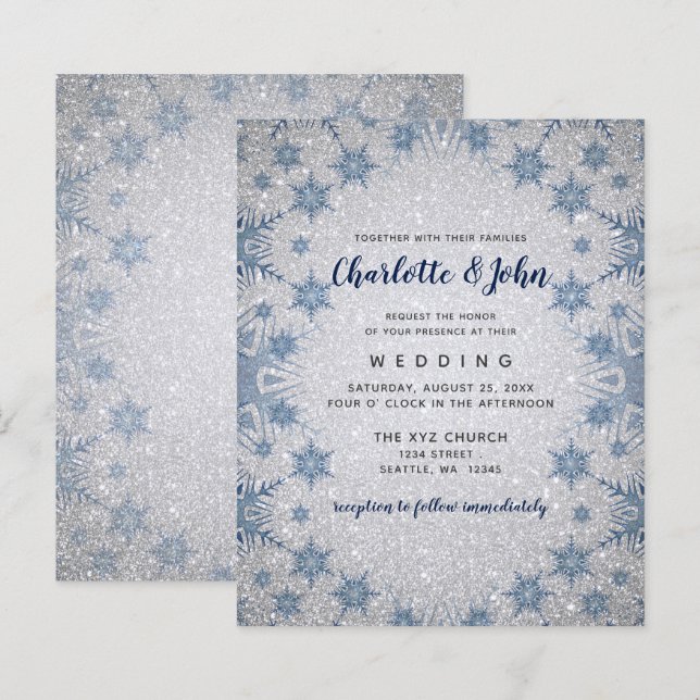 Budget Glitter Blue Snowflakes Wedding invitation (Front/Back)
