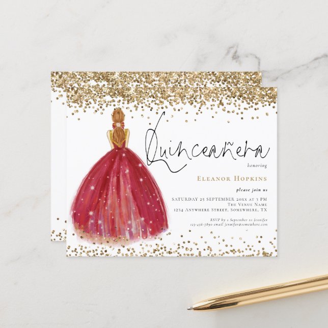 Budget Glitter Burgundy Gown Quinceanera Invite (Front/Back In Situ)