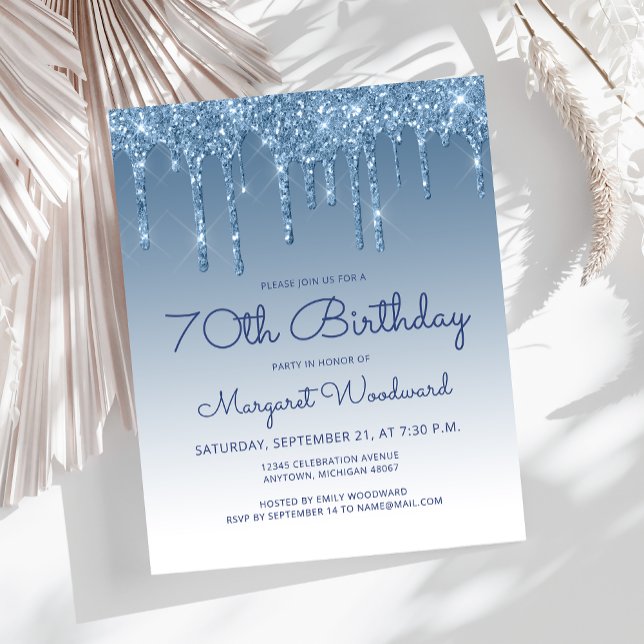 Budget Glitter Drip Blue 70th Birthday Invitation (Creator Uploaded)