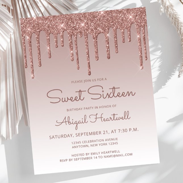 Budget Glitter Drip Rose Gold Sweet 16 Invitation (Creator Uploaded)