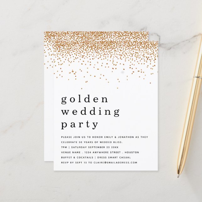Budget Glitter Golden Wedding Party Invite (Front/Back In Situ)
