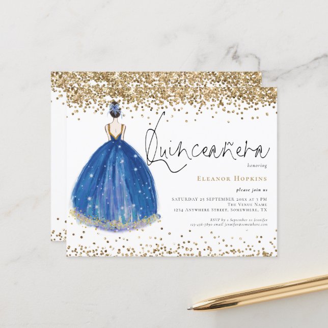 Budget Glitter Navy Gown Quinceanera Invitation (Front/Back In Situ)