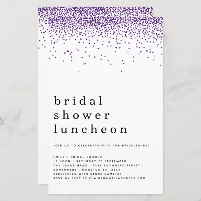 Budget Glitter Purple Bridal Shower Lunch Invite (Front/Back)