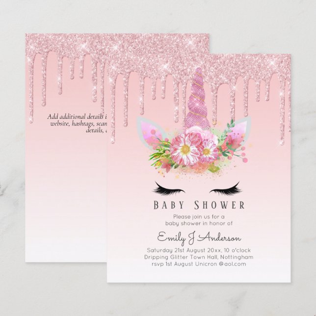 BUDGET Glitter Unicorn Baby Girl Shower Invitation (Front/Back)
