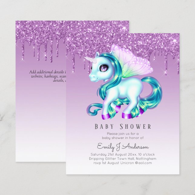 BUDGET Glitter Unicorn Baby Girl Shower Invitation (Front/Back)