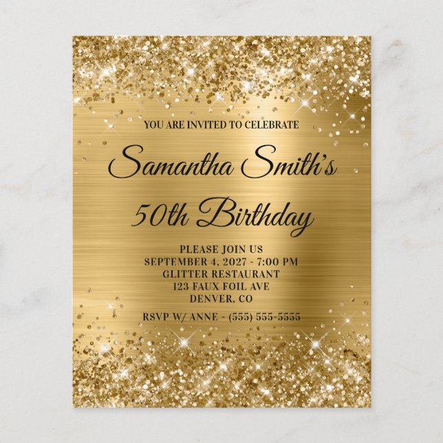 Budget Glittery Gold Glam 50th Birthday Invite (Front)