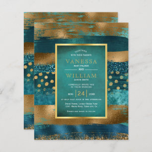 BUDGET Gold and teal strokes wedding invitation