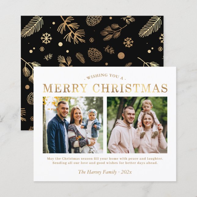 Budget Gold Black 2 Photo Merry Christmas Cards (Front/Back)