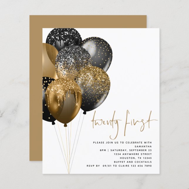 Budget Gold Black Balloons 21st Party Invitation  (Front/Back)