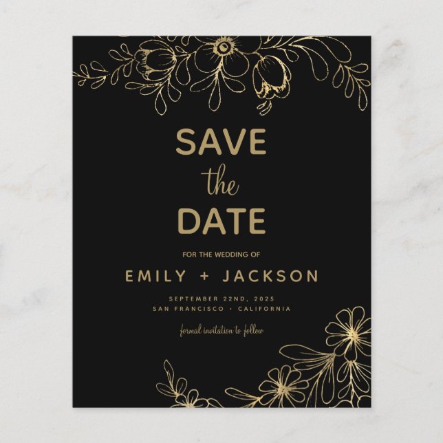 Budget Gold Black Modern Save the Date Floral Ann (Front)