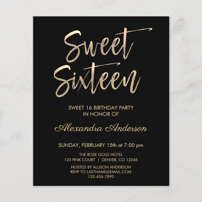 Budget Gold Black Sweet Sixteen Birthday Flyer (Front)