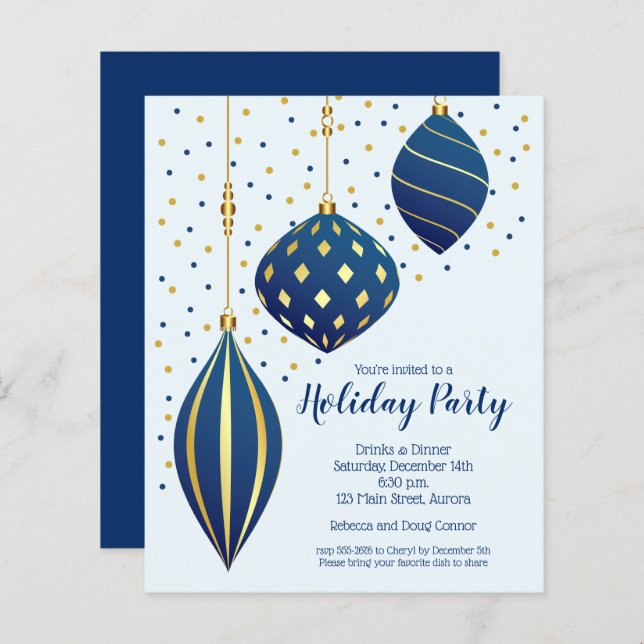 Budget Gold Blue Christmas Ornaments Invitations (Front/Back)