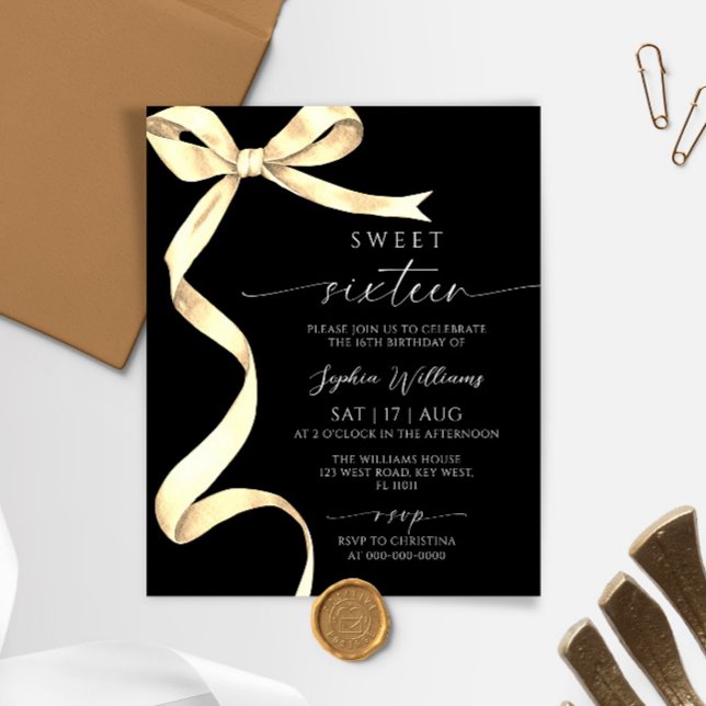 Budget Gold Bow Sweet 16 Birthday Invitation (Creator Uploaded)