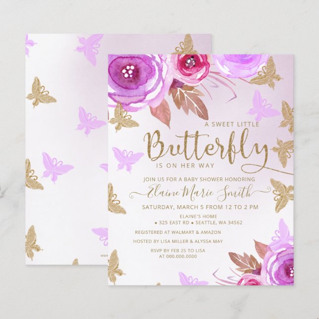 Budget Gold Butterflies Baby Shower Invitation (Front/Back)