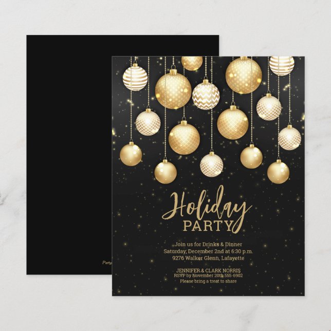 Budget Gold Christmas Tree Ornaments Black Invites (Front/Back)