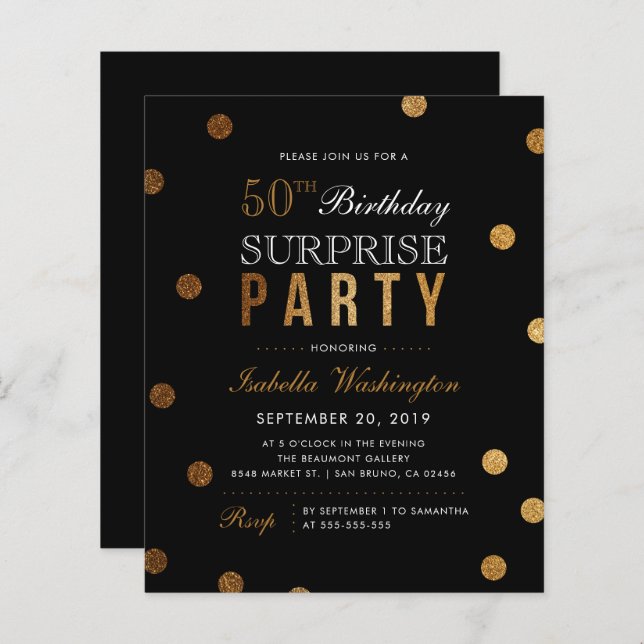 Budget Gold Confetti Black Surprise Birthday Party (Front/Back)