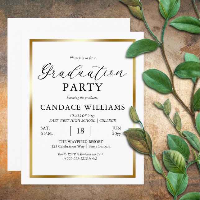 Budget Gold Frame Minimalist Grad Party Invitation (BUDGET Faux Gold Frame Minimalist Graduation Party Invitation)