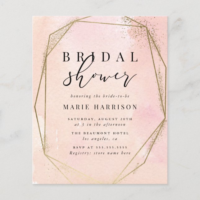 Budget Gold Geometric Blush Pink Bridal Shower (Front)