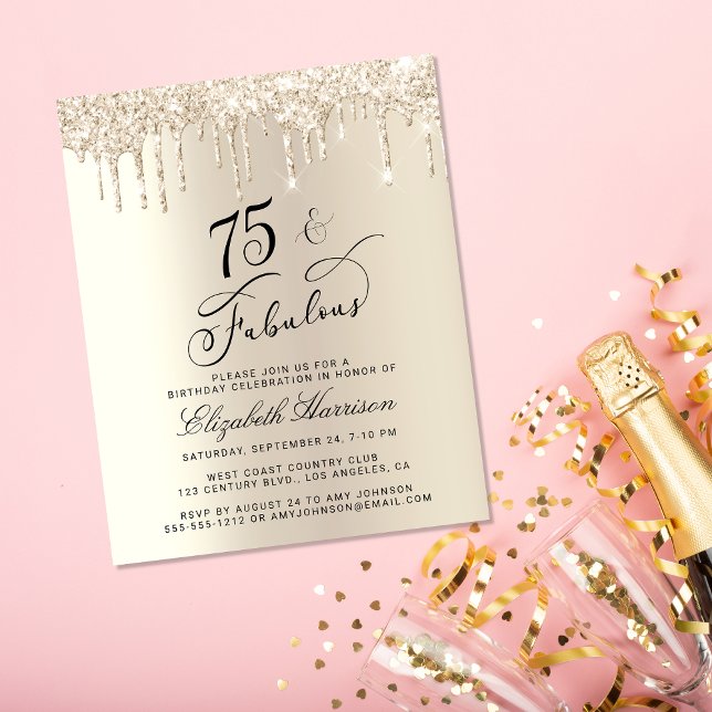 Budget Gold Glitter 75th Birthday Invitation (Celebrate her 75 years of sparkle with an elegant gold glitter birthday party invitation  🎉 🎂 🥂)