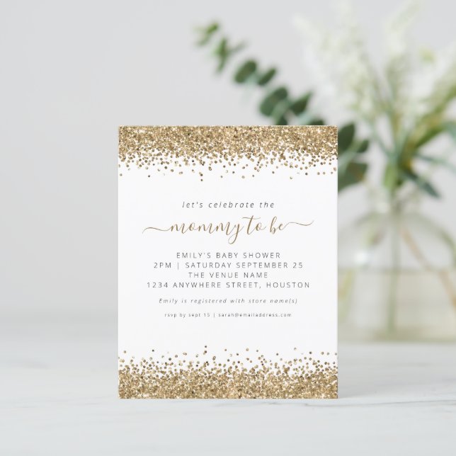 Budget Gold Glitter Baby Shower Invitation (Standing Front)