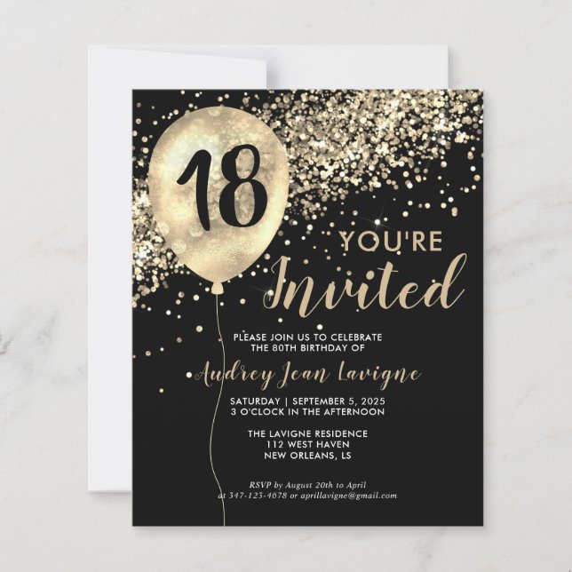 Budget Gold Glitter Balloon Black 18th Birthday (Front)