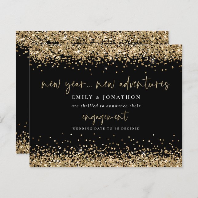 Budget Gold Glitter Black Engagement Announcement (Front/Back)