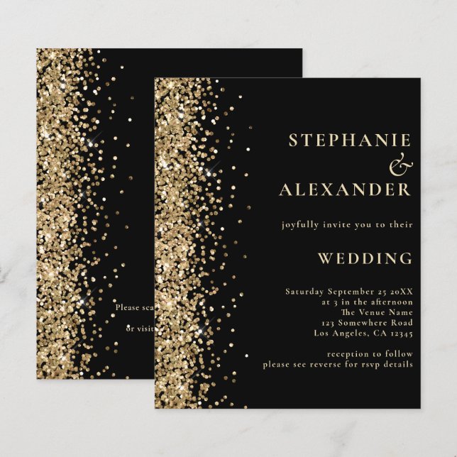 Budget Gold Glitter Black QR Code Wedding Invite (Front/Back)