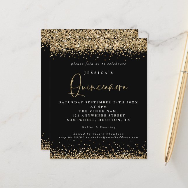 Budget Gold Glitter Black Quinceanera Invitation (Front/Back In Situ)