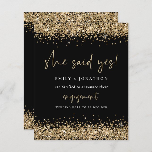 Budget Gold Glitter Black She Said Yes Engagement (Front/Back)