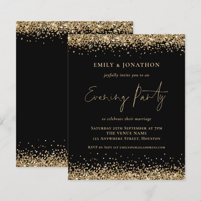 BUDGET Gold Glitter Black Wedding Evening Invite (Front/Back)