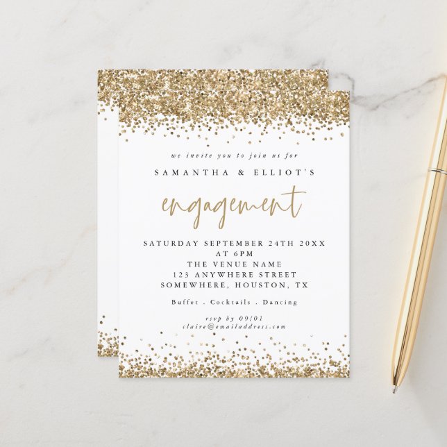 Budget Gold Glitter Border Engagement Party Invite (Front/Back In Situ)