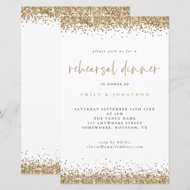 Budget Gold Glitter Border Rehearsal Dinner Invite (Front/Back)
