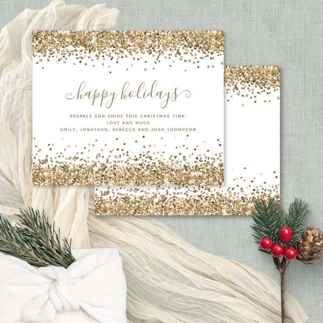 Budget Gold Glitter Borders Happy Holidays Card (Front and back view)